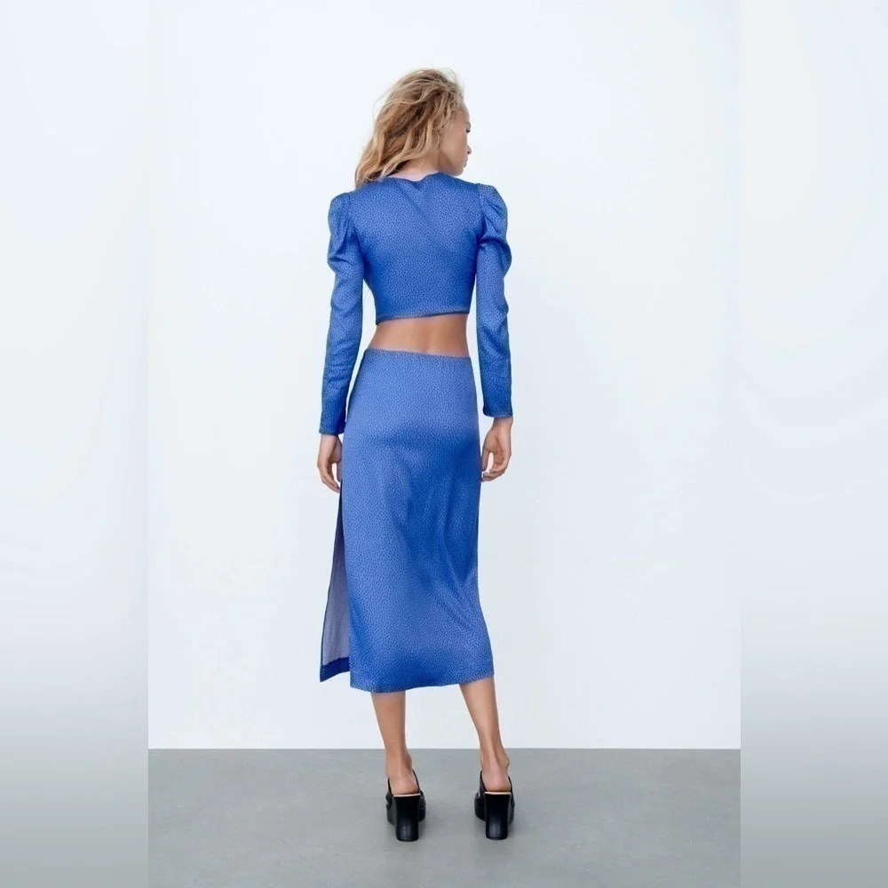 Zara Satin Blue Dot Cropped Long Sleeve Top ✨